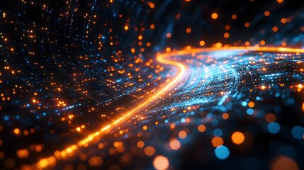 Aufkleber - Blue and orange abstract background with light trails and distance visualizations in digital art design