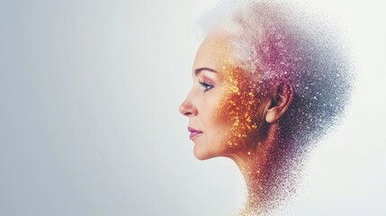 Poster - A profile of a woman with a vibrant, abstract design flowing from her head, blending colors and textures that evoke a sense of creativity and transformation.