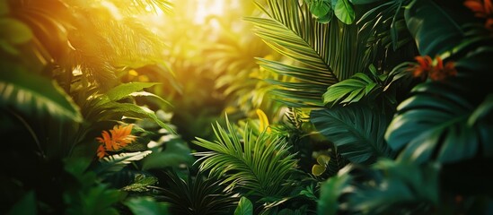 Sticker - Vibrant tropical foliage with deep green leaves and warm golden sunlight creating an inviting lush background enhancing botanical beauty and greenery