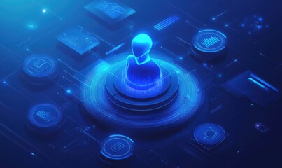 Poster - Futuristic Digital Environment Featuring Abstract Figure Surrounded by Data Visualization Elements and Modern Technology Interfaces