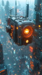 Poster - Hightech camera rendered in 3D suspended in midair with glowing neon lights flying through a city skyline at night The camera glides effortlessly as it scans the urban environment below