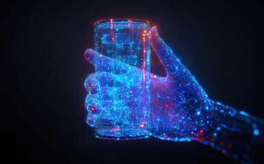 Poster - Futuristic digital hand holding a glowing glass object with vibrant holographic data patterns and visual effects on a dark background