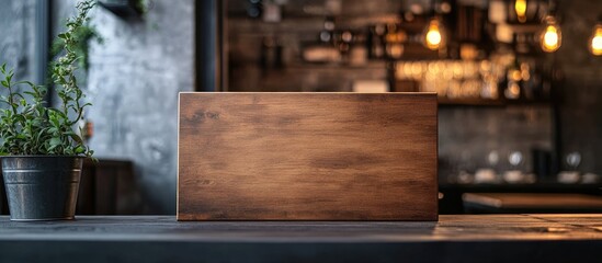 Wall Mural - Blank wooden menu sign placed on a dark wooden table in a cozy rustic restaurant setting with warm ambient lighting and green plant decor.