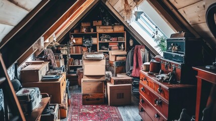 A cozy attic with organized boxes containing old but usable belongings.