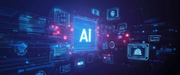 Aufkleber - Futuristic Digital Interface with Artificial Intelligence Concept in Neon Glow Visualization and Data Stream Elements