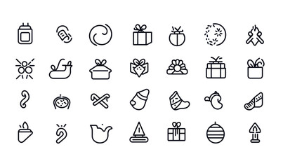 Poster - Festive Christmas Party Celebration Icons Set with Gifts and Decorations in Line Art