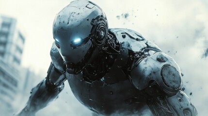 Fototapete - Highly advanced robot made of liquid metal transforms into various human shapes from muscular to slender Its body continuously shifts and evolves glowing in the light of a futuristic cityscape