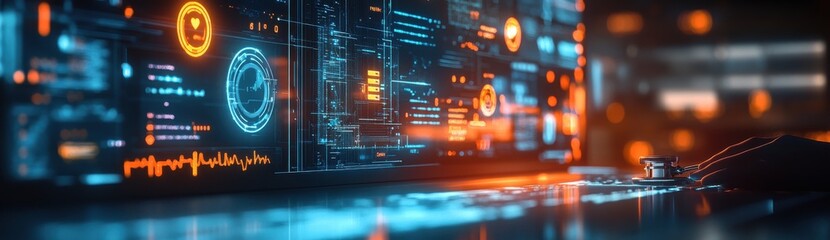Aufkleber - Futuristic Digital Interface with Data Visualizations, Neon Elements and Technological Graphics for Science and Innovation Themes