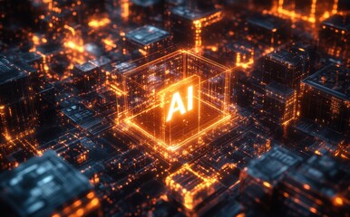Poster - Futuristic Digital Landscape with AI Symbol Surrounded by Glowing Circuitry Representing Advanced Technology and Artificial Intelligence Concepts