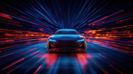 Poster - Dynamic car motion urban night digital art futuristic environment front view speed concept