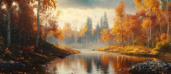 Sticker - Autumn forest landscape with vibrant orange and yellow foliage reflected in a calm river at sunset with soft mist and dramatic clouds.