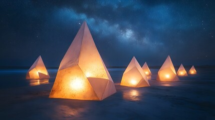 Poster - Group of white pyramids on a beach illuminated by ethereal geometric art under a starry night sky