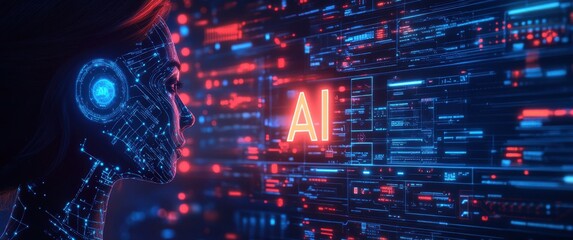 Poster - Futuristic digital portrait of a woman with a glowing interface, representing artificial intelligence and advanced technology concepts in a modern environment
