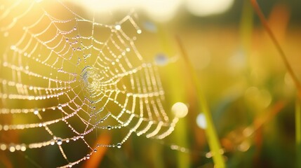 Serene Spider Web: Morning Dew on Glistening Web with Bokeh Background