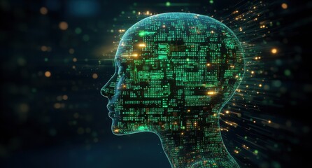 Poster - Futuristic Digital Profile Silhouette with Circuit Patterns and Glowing Particles Representing Artificial Intelligence and Technology Concepts