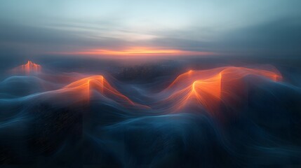 Poster - Large wave of orange and blue with ethereal planetary structures shimmering softly in the background