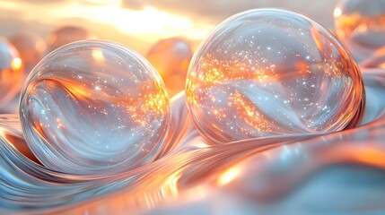 Poster - Floating bubbles in clear water with ethereal planetary structures glimmering in the background