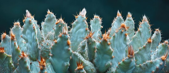 Sticker - Alicobacatum cactus displaying spiny texture in shades of green and orange with vibrant spikes positioned at the top against a dark background.