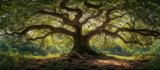 Sticker - Majestic ancient tree with sprawling branches illuminated by soft golden light, surrounded by lush green foliage in an enchanting mystical forest.