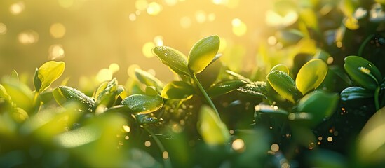 Wall Mural - Closeup of vibrant green sprouts gleaming in warm natural sunlight with soft bokeh background highlighting healthy growth in a serene setting