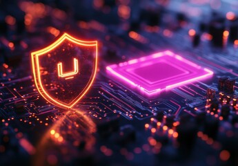 Poster - Futuristic digital shield symbolizing cybersecurity protection on a glowing circuit board with vibrant colors and intricate technology details