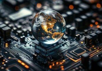 Poster - Futuristic Globe on Circuit Board with Glowing Connections Representing Technology and Digital Connectivity Across the Earth in a Modern Environment