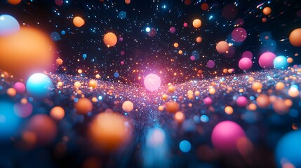 Poster - Colorful background with various balls and a bright pixelated digital cosmos space scene