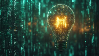 Poster - Futuristic glowing light bulb surrounded by digital code representing innovation, technology, and creativity in a scientific environment