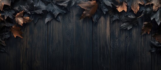 Wall Mural - Dark leaves in shades of black and brown arranged at the top against a textured dark wooden background creating a spooky atmospheric Halloween feel