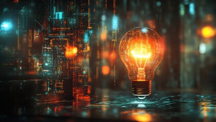 Poster - Futuristic glowing light bulb with digital elements in a high-tech environment reflecting innovation and creativity in technology