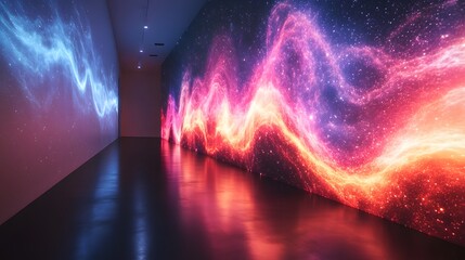Poster - Room with colorful lights and digital astrophysics simulations projected on wall