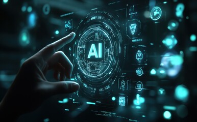 Poster - Futuristic Hand Interacting with Digital Interface Featuring AI Technology and Abstract Icons in a Dark Cyber Environment
