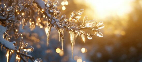 Canvas Print - Sparkling icicles hanging from a snow-covered tree branch illuminated by warm sunlight with soft bokeh effect creating a magical winter atmosphere