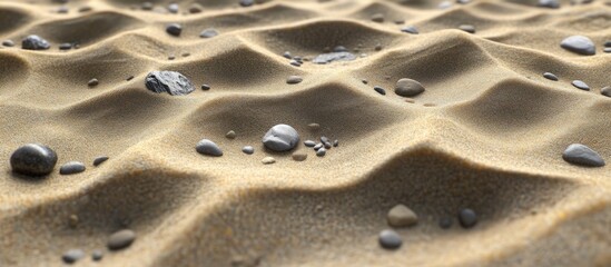 Sticker - Close up of golden sand dunes with smooth pebbles scattered among gentle waves of sand against a serene blue ocean in a tranquil beach setting