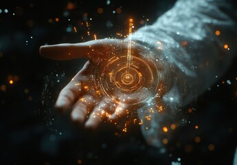 Poster - Futuristic hand with glowing digital hologram displaying data and technology symbols, depicting innovation and virtual interaction in a dark environment