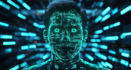 Poster - Futuristic human face composed of glowing digital data and codes set against a vibrant backdrop of neon lights and patterns illustrating advanced technology