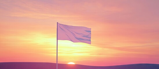 Sticker - Close up of a white golf flag against a vibrant sunset sky blending pink and orange tones with a serene landscape in the background