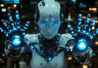 Poster - futuristic humanoid robot with glowing blue technology, reaching out with illuminated hands in a cyb