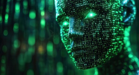 Poster - Futuristic humanoid robot with glowing eyes, surrounded by digital binary code in shades of green, representing artificial intelligence and technology concepts