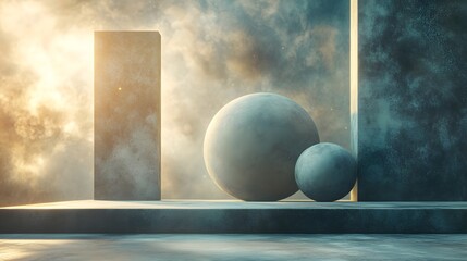 Poster - two spheres positioned in a room with a cloudy sky and cosmic shape compositions creating harmony