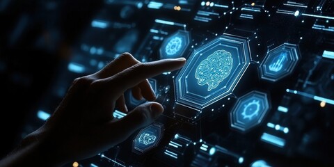 Aufkleber - Futuristic Interface Displaying Brain Analysis with Hand Interaction, Technology Innovation Concept, Digital Graphics for Advanced Neural Systems and AI Development
