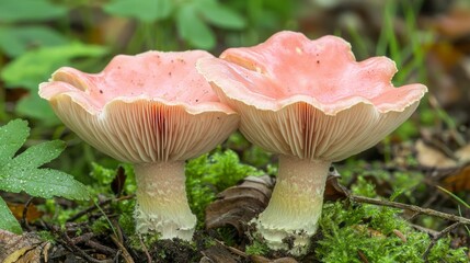 Poster - Delicate pink mushrooms rise from the vibrant green moss, surrounded by gentle forest foliage. The early morning light highlights the unique textures and colors, creating a serene atmosphere