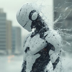 Poster - Liquid metal robot in midtransformation its body forming intricate mechanical details as it transitions from fluid to humanlike form Futuristic tech surrounds it highlighting its evolution