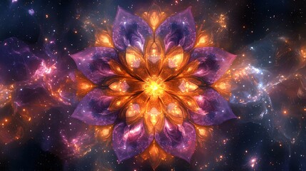 Poster - Purple flower surrounded by colorful stars and cosmic fractal patterns in a vibrant space setting