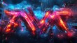 © afif - Futuristic neon logo city backdrop design