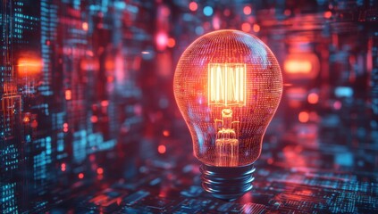 Poster - Futuristic Light Bulb Illuminating a Digital Background with Glowing Circuit Patterns and Vibrant Colors in an Abstract Technology Concept