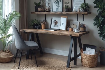 Wall Mural - Stylish home office setup with A-frame desk, black metal legs, wooden top, side shelves for storage, grey fabric chair, and decor elements for a functional workspace.