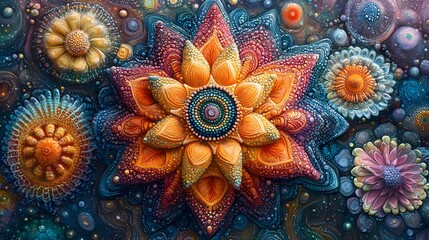 Poster - Painting of colorful flowers with bubbles and cosmic art renderings in an intricate design