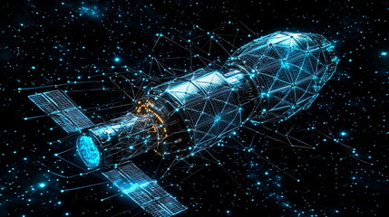 Futuristic spacecraft floating in a starry galaxy with glowing geometric patterns and digital connections illuminating the surrounding space environment.