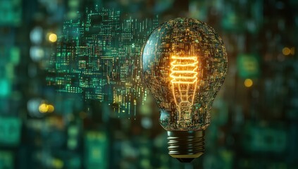 Poster - Futuristic Light Bulb with Digital Data Elements Representing Innovation and Technology in Artificial Intelligence and Cyber Security